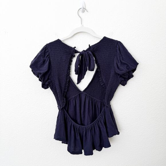 [Free People] Blue Charlotte V-Neck Smocked Open Back Top Puff Sleeves Sz Small - Picture 4 of 11